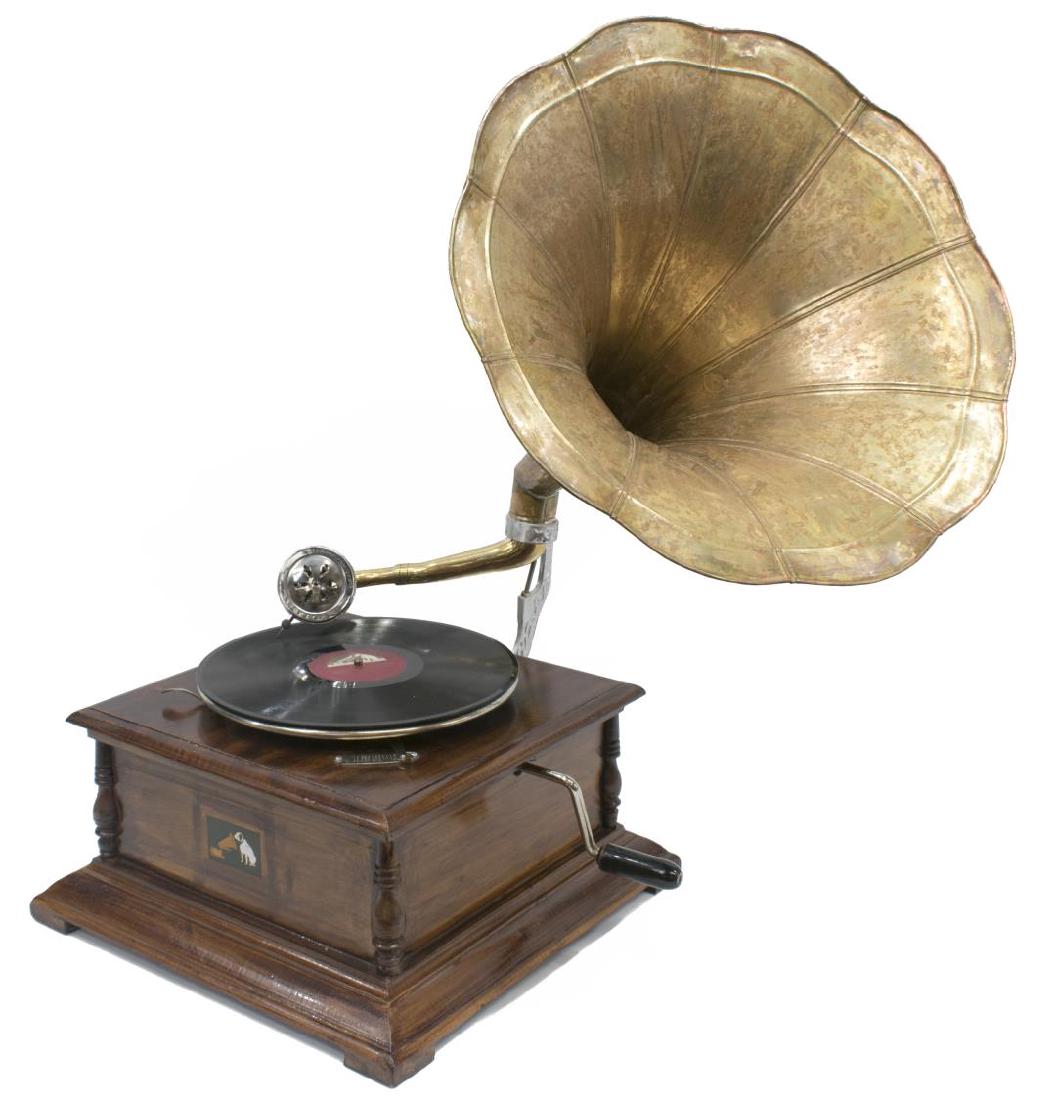 GRAMOPHONE WITH MORNING GLORY HORN & RECORD: Gramophone with morning glory horn, the case painted to the front with seated dog, accompanied by extra needles and (1) "His Masters Voice" record Orchestra Dagger Dance, operating at this time, horn 