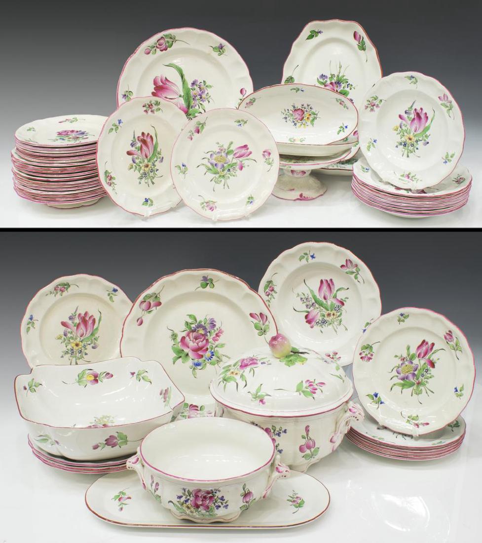 (54) KELLER & GUERIN LUNEVILLE DINNER SERVICE: (lot) French Keller & Guerin Luneville Pottery partial dinner service, late 19th/early 20th c., an assembled set of "Old Strasbourg" rose and tulip patterns, comprising: (12) dinner plates, 9.75"diam;