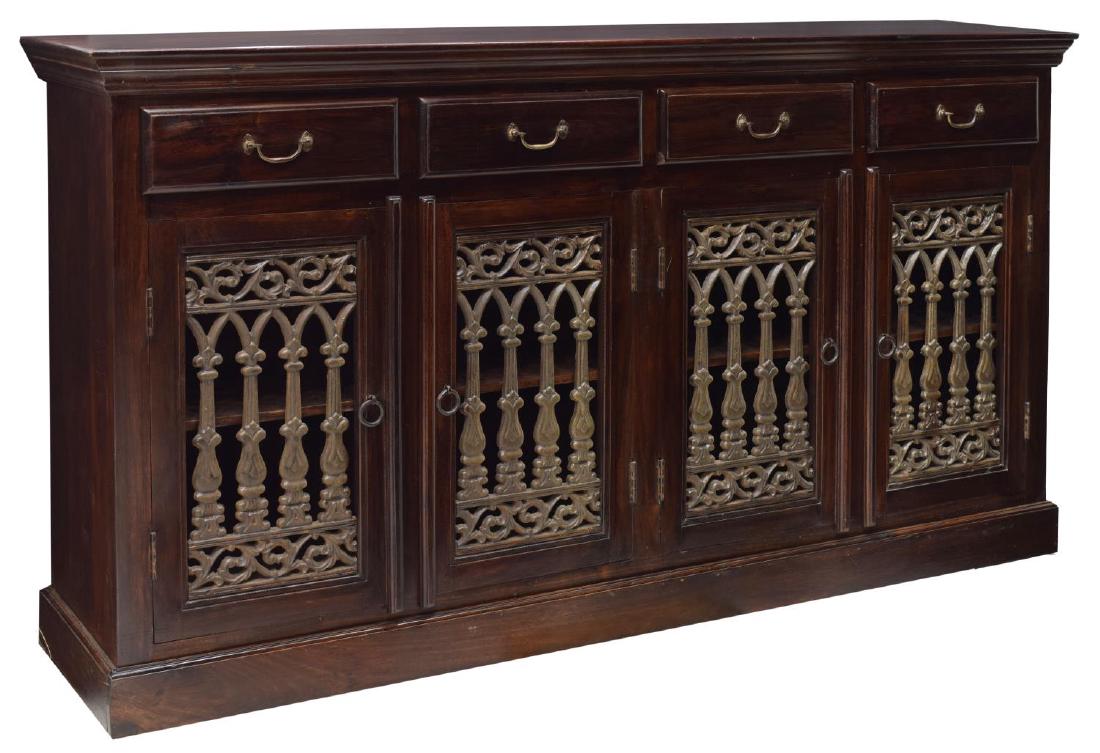 TEAKWOOD SIDEBOARD WITH IRON INSERTS: Large teakwood sideboard, the rectangular top over four frieze drawers and four lower doors, each with antique iron inserts, rising on a plinth base, 44"h, 79"w, 18.25"d Start Price: $200.00