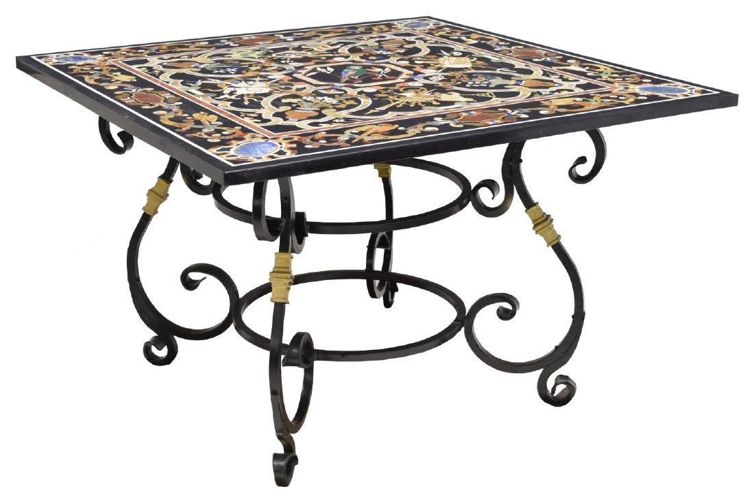 SQUARE TOP PIETRA DURA MARBLE & IRON DINING TABLE: Square Pietra Dura table, having polychrome marble and stone inlay to top, in bird, floral, and weapons design, rising on iron parcel gilt base, having four scrolled legs joined to center, approx 30.2