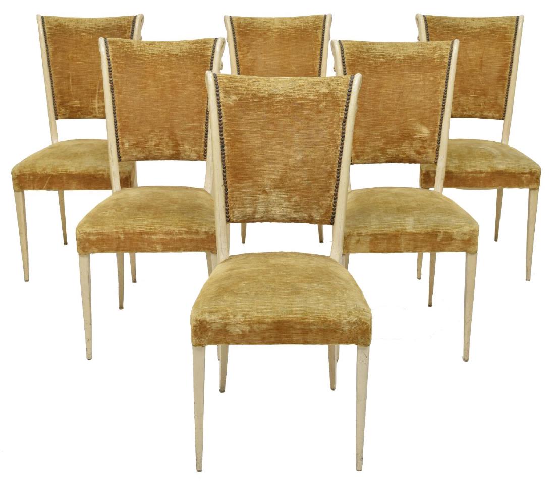 (6) ITALIAN CARVED SWAN PARCHMENT DINNING CHAIRS: (lot of 6) Italian mid-century modern dinning chairs, c. 1950, attributed to Vittorio Dassi (Milan, 1893-1973), painted wood frame, with carved swan sides to top, beige fabric upholstery, with nail he