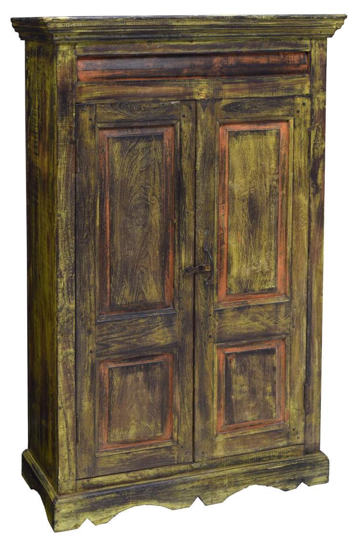 DUTCH COLONIAL POLYCHROME TEAK KITCHEN CABINET: Dutch Colonial polychrome teakwood kitchen cabinet, 19th c. elements, having a corniced top, over two-door cabinet, with iron hardware, shelves to interior, rising on scalloped base, bracket feet, rem