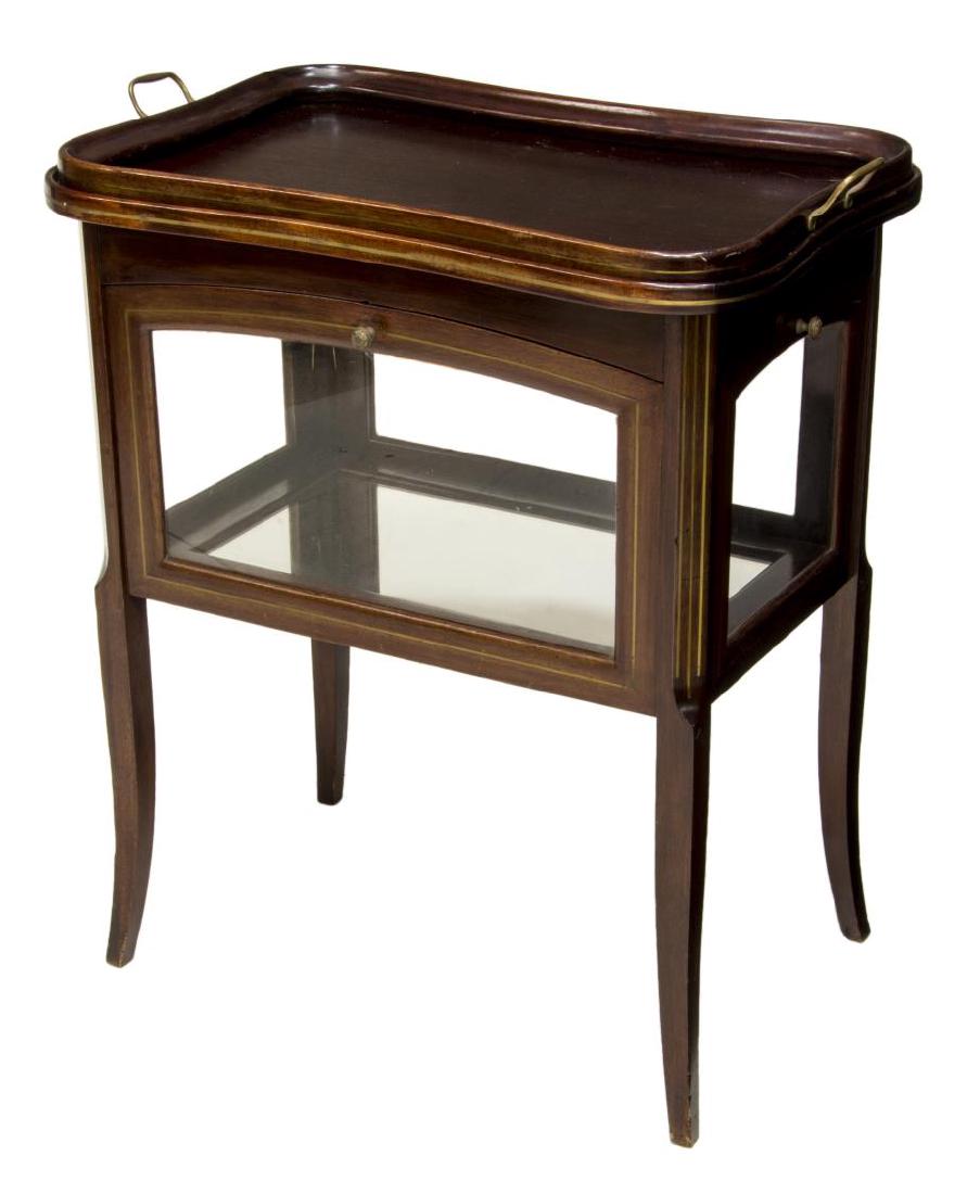 ITALIAN TRAY-TOP BAR TABLE WITH GLASS SIDES: Italian mahogany bar table, mid 20th c., removable tray top, over case fitted with glass sides, drop front door, interior with mirror-lined bottom, all rising on tapered legs, tray lacking bottom, app