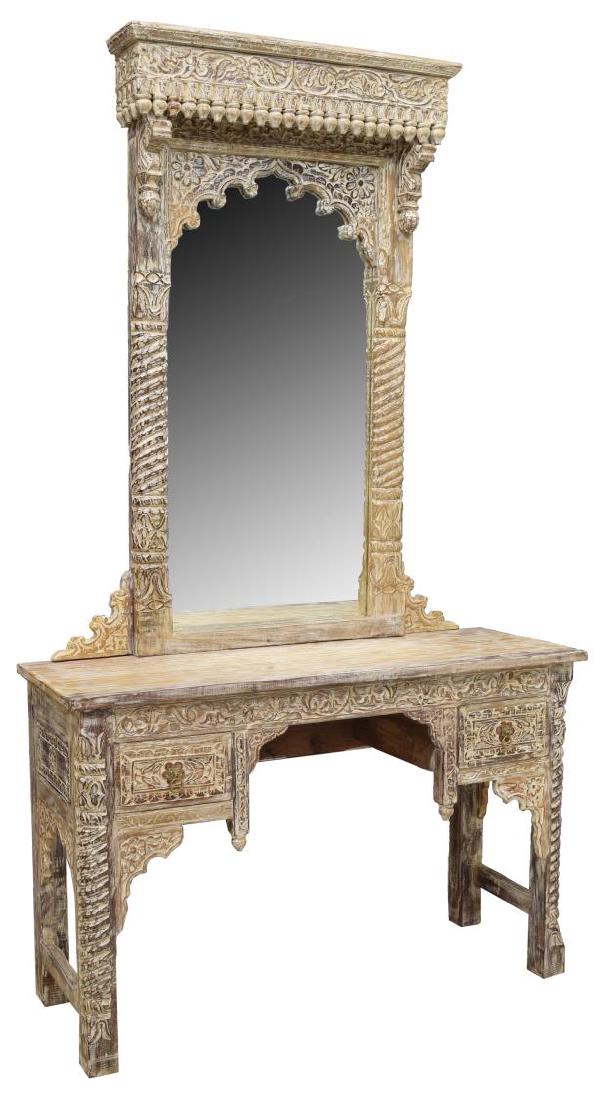 WELL CARVED VANITY TABLE WITH MIRROR: Vanity, 20th c., carved cornice top with turned finials, half spiral columns stiles, centering flat mirror plate, flanked by carved brackets, all over knee-hole vanity, fitted with two drawers, rising