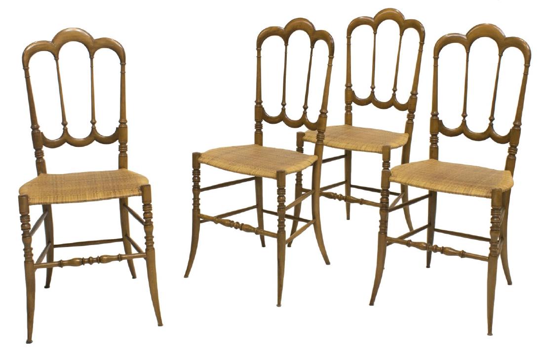 (4) ITALIAN LEVAGGI 'TRE ARCHI' CHIAVARI CHAIRS: (lot of 4) Ditta Levaggi Rinaldo "Tre Archi" Chiavari chairs, Italy, 20th c., with high arched back, over woven seat, rising on outturned tapered legs, joined by stretchers, label to underside of seat