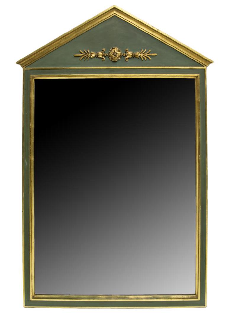 FRENCH EMPIRE PARCEL GILT BEECH & PINE WALL MIRROR: French Empire style parcel gilt beech and pine mirror, c. 1850, foliate frieze, above flat plate mirror in beveled frame, approx 58.5"h, 40.25"w, 1.75"d, 50lbs Start Price: $250.