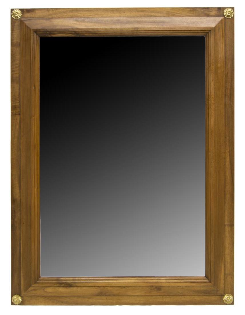 LOUIS-PHILLIPE PERIOD WALNUT, GILT ORMOLU MIRROR: Louis-Phillipe period walnut mirror, c. 1850, rectangular beveled frame, with gilt brass ormolu to corners, holding beveled mirror, approx 49.25"h, 36"w, 1.75"d, 39lbs Start Price: $100.00