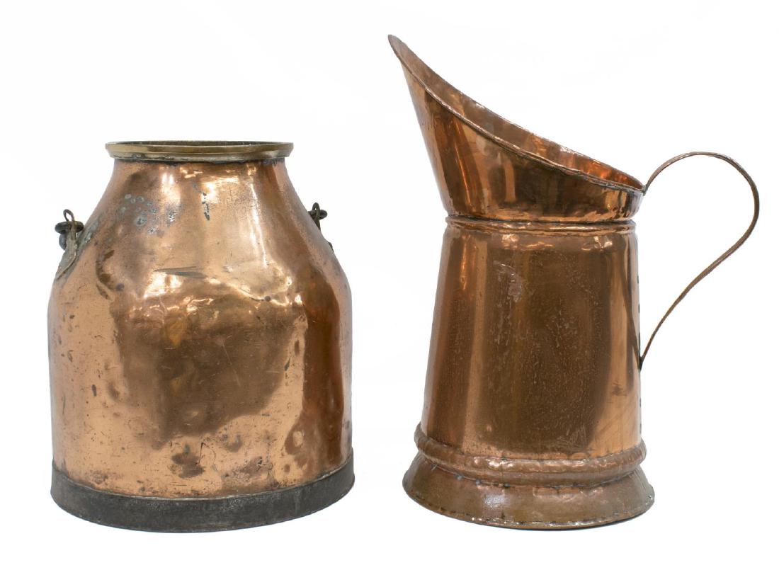 (2) CONTINENTAL COPPER HANDLED PITCHER & MILK PAIL: (lot of 2) Copper kitchenware, Continental, 19th c., scattered dents, verde patina, including: (1) handled pitcher, approx 18.5"h, 10.25"diam, (1) coated copper milk pail, with iron handle, approx 14.