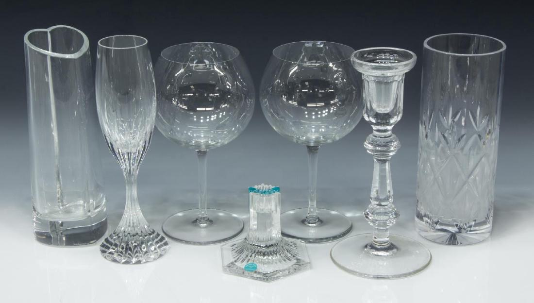 (7) GLASS & CRYSTAL - BACCARAT, TIFFANY, ORREFORS: (lot of 7) Colorless art glass and cut crystal group, all with acid etched marks underfoot, including: (2) Baccarat "Tastevin Pommard" burgundy wine stems, France, approx 7.5"h, (1) Baccarat "Massena"
