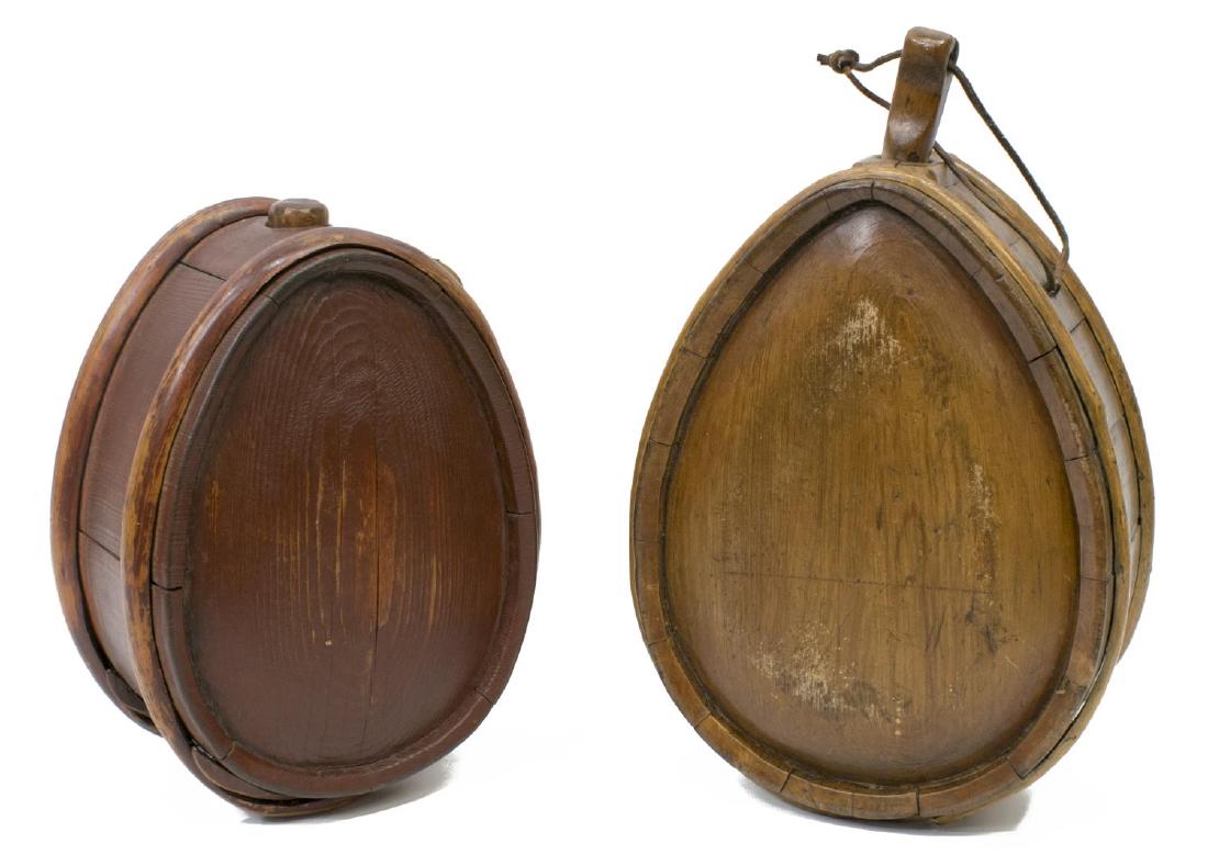 (2) ANTIQUE BENTWOOD AND SLATTED CANTEENS: (lot of 2) Wood canteens, 19th c./20thc., both egg form, one in reddish brown paint, largest: 13.75"h (including protruding stopper), 5.5lbs ** Provenance: Estate of Mrs. E.M. (Mary) Drew (1923-2015),