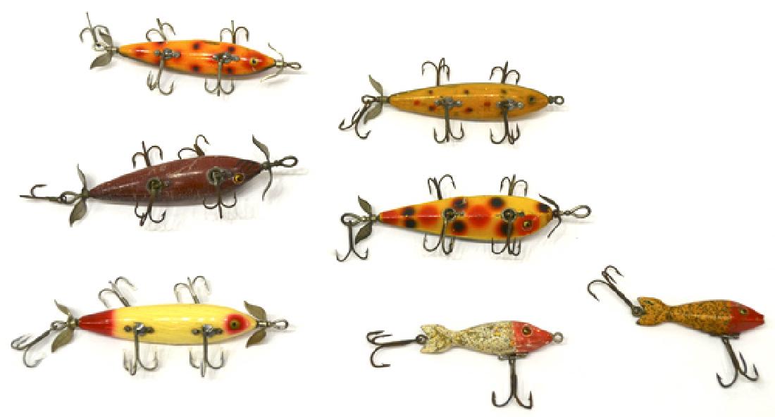 (21) VINTAGE FISHING LURES, GLASS EYES, WOOD