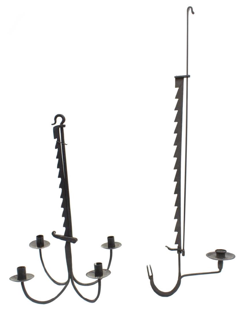 (2) ANTIQUE FORGED IRON CANDELIER & RUSH LIGHT: (lot of 2) American forged iron lighting, 19thc., including: (1) four-light candelier on adjustable trammel, 21.5"h, 14.5"w (shortest length); (1) hanging trammel with rush lamp and single candle hold