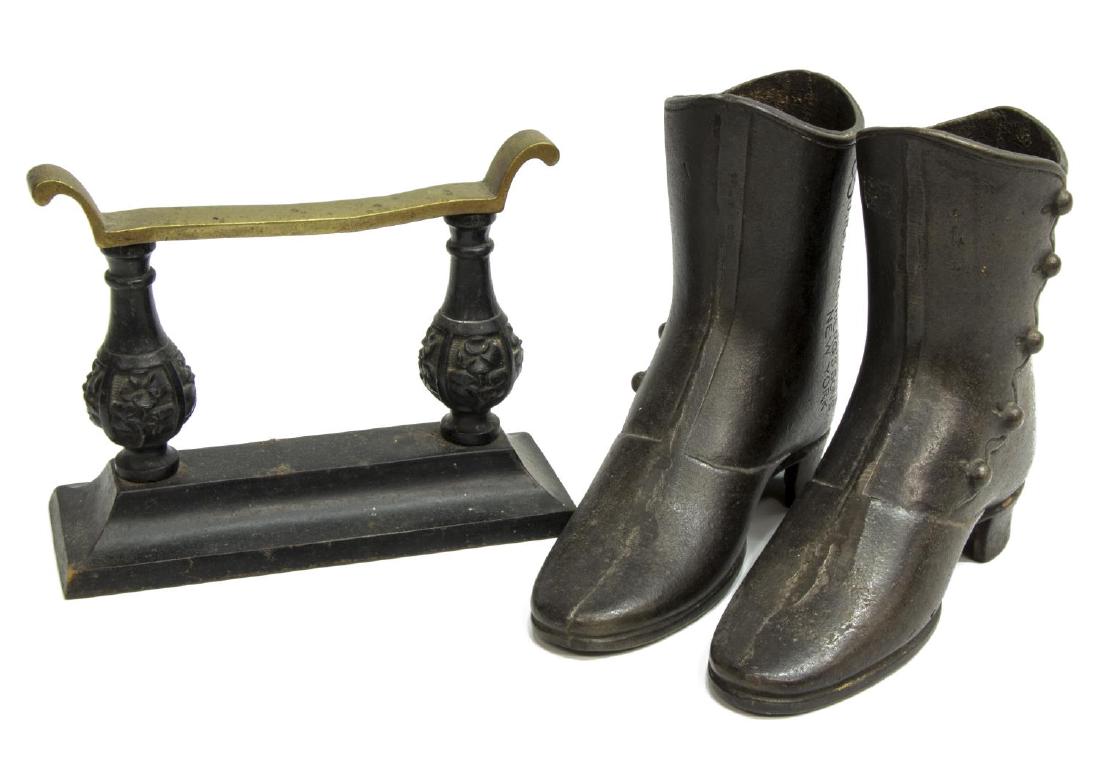 (3) JR PALMENBERGS SONS IRON BOOTS & SCRAPER: (lot of 3) American Victorian iron boots and scraper: (pair) J.R. Palmenberg's Sons Co., NY iron advertising/ display boots, having full button detail, size 8; (1) cast iron and brass boot / shoe scra