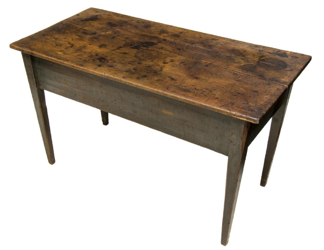 AMERICAN PRIMITIVE HEPPLEWHITE STYLE WORK TABLE: American Hepplewhite style work table, 19th c., with two-board tabletop, over skirt, rising on tapered legs, approx 27.5"h, 47.75"w, 23.75"d **Provenance: Estate of Mrs. E.M. (Mary) Drew (1923-2015), 