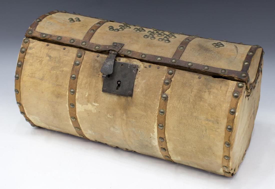 18TH / 19TH C. HIDE COVERED BRASS TACK DOCMENT BOX: Cylindrical hide clad document / storage box, late 18th/ early19thc., having nail head accents with initialed top, later leather hinges, wear and loss consistent with age, 8"h, 15"l, 1.5lbs ** Provena