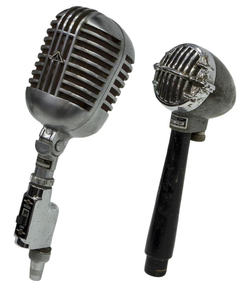 (2) VINTAGE ASTATIC DR-10 & JT-30 MICROPHONES: (lot of 2) Vintage Astatic microphones, c. 1950s, untested, some pitting, including: (1) DR-10 microphone, satin chrome finish, red screen, approx 10.25"h, 3.25"w, 3.5"d, (1) JT-30 bullet microphone, 