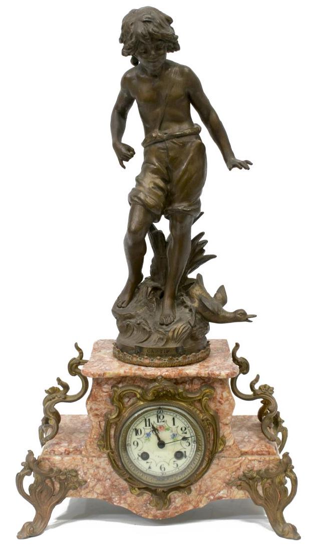 MOREAU FIGURAL FRENCH MARBLE MANTEL CLOCK: Mantle clock, France, late 19th c./ early 20th c., topper of "Captif," singed in cast after Francois Moreau (Hippolyte Francois Moreau, France, 1832-1927), depicting youth with captive duck, lacking r