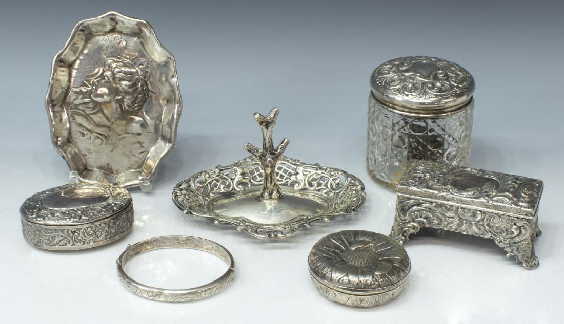 (9) SMALL STERLING SILVER & PLATE TABLE ITEMS: (lot of 9) Small silver table items, including: (1) sterling calling card tray, dated 1910, raised image of a woman smoking a cigarette, monogrammed, approx 4.5"h, 3.5"w, (1) sterling ring tree tray, 