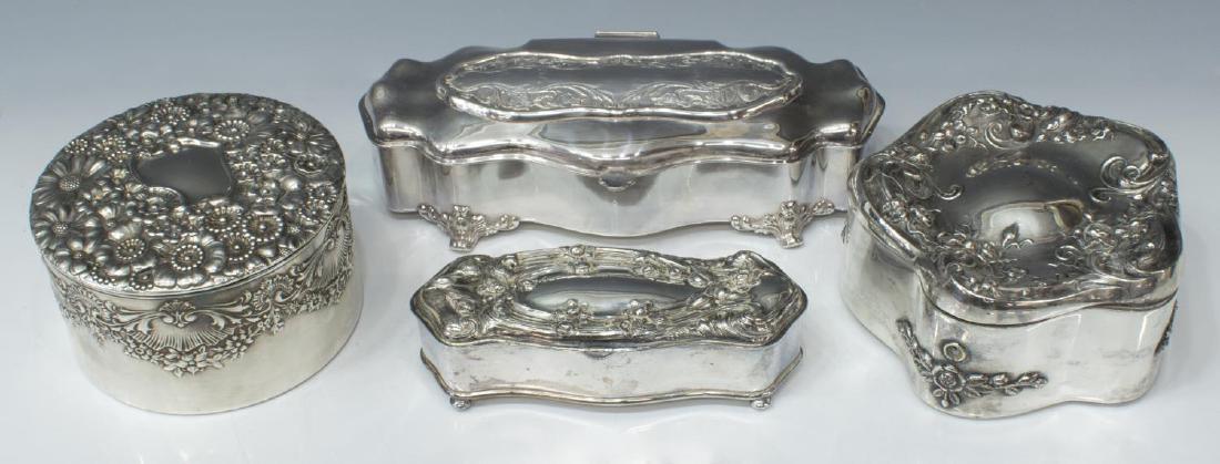 (4) AMERICAN FLORAL RELIEF SILVER-PLATE TABLE BOX: (lot of 4) American silver-plate table boxes, for trinkets, collars, cuffs and gloves, makers include Meriden, Victoria Silver Company, Superior Silver Company and Eureka Silver Company (with blue lin