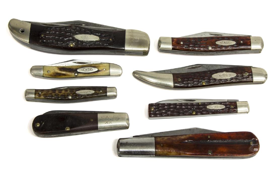 (8) CASE POCKET KNIVES: (lot of 8) Case pocket knives: (1) Case XX 6265-SAB, two 4" blades; (1) Case XX 6143, single 4" blade; (1) Case XX 6292, two blades, longest 3"; (1) Case XX 61093, single 4" blade; (1) Case XX 6185, s