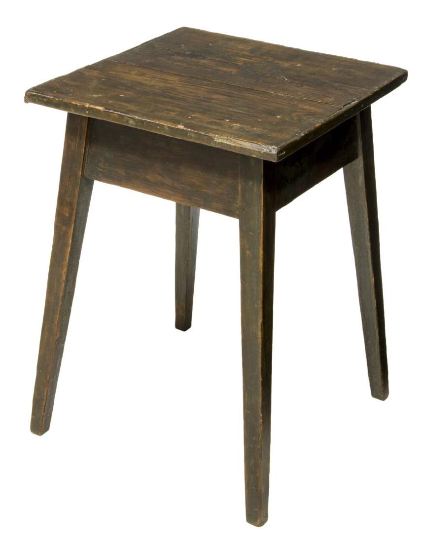 AMERICAN PRIMITIVE HEPPLEWHITE OAK WORK TABLE: American Hepplewhite style oak work table, 19th c., with square two-board tabletop, over skirt, rising on tapered legs, approx 27.5"h, 20.25"w, 20.25"d **Provenance: Estate of Mrs. E.M. (Mary) Drew (1