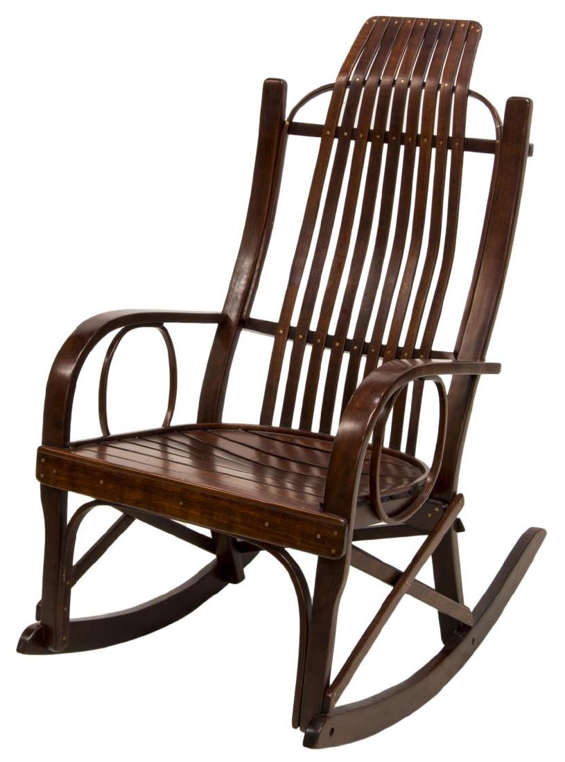AMERICAN ADIRONDACK STYLE BENTWOOD ROCKING CHAIR: American Adirondack style rocking chair, 20th c., with tall slat back and seat, bentwood arms, all over rocking rails, approx 41"h, 22.75"w, 33"d Start Price: $80.00