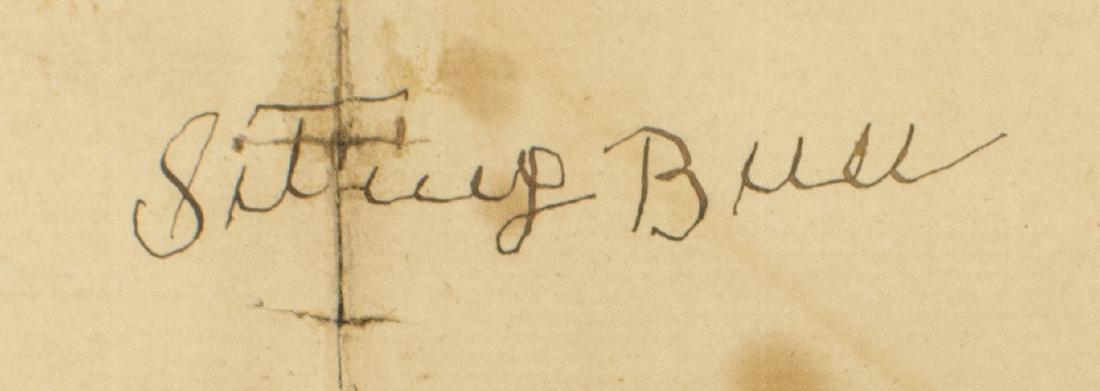 SITTING BULL, SIOUX CHIEF, AUTOGRAPH, PSA/DNA 8: Autograph of Sitting Bull (Hunkpapa Lakota Sioux, Dakota Territory, c. 1831-1890), on paper pasted to black backing, the lower part of the paper reading "For Mr. Woods Cashier 1st National Bank Denver