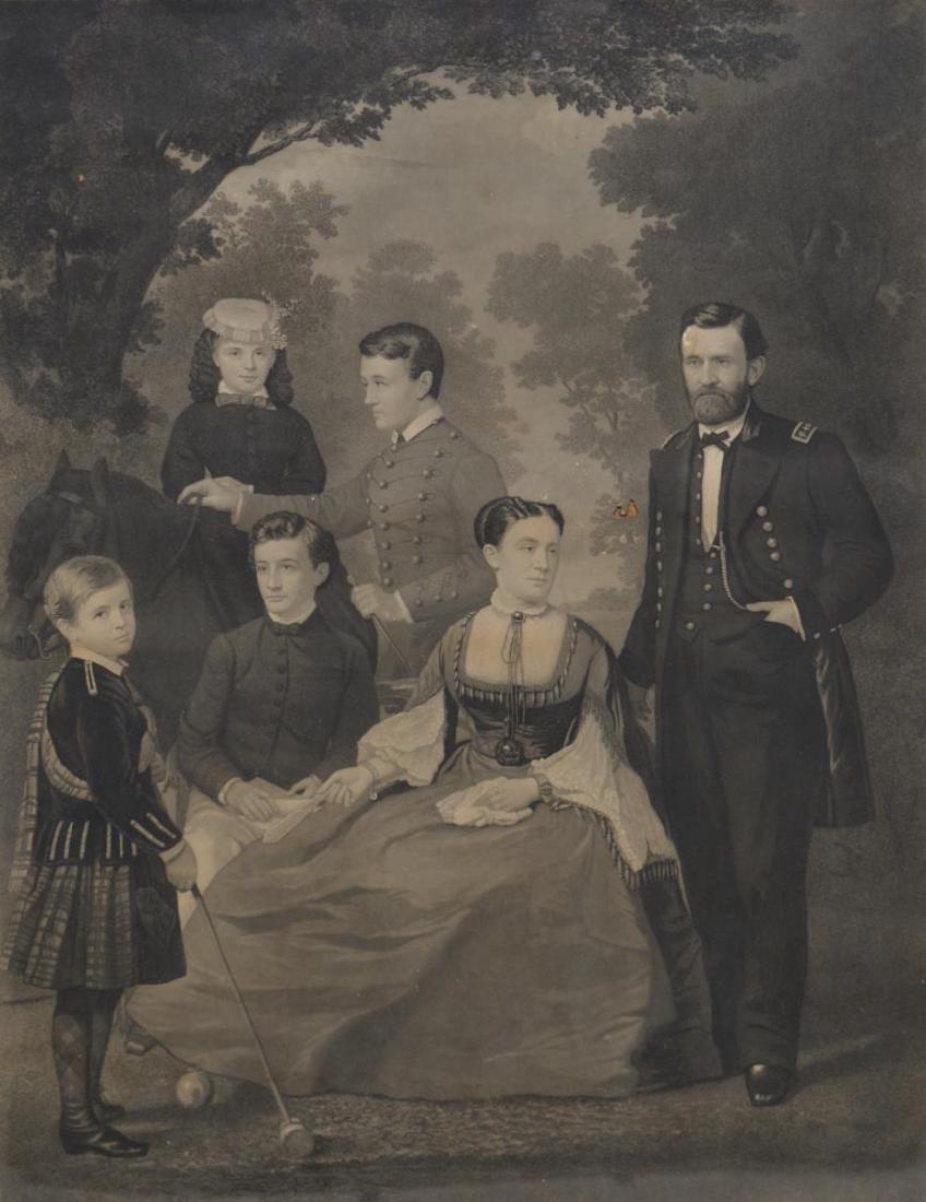 1868 U.S. GRANT & FAMILY FRAMED LITHOGRAPH: Lithograph "General Grant and His Family", from an engraving by John Sartain (England, United States, 1808-1897) based on a painting of Grant by William F. Cogswell (New York, 1819-1903, copyright 186