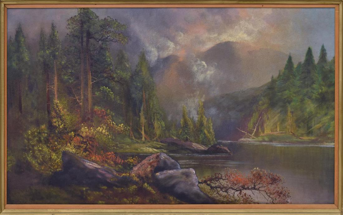 FRAMED OIL ON CANVAS PAINTING, LANDSCAPE: Framed oil painting on canvas, "Pikes Peak, Colo.", unsigned, title written to back of stretcher, inpainting, craquelure, old repairs to canvas, sight: 20.75"h, 34.75"w; overall: 28.75"h, 42.75"w, 3.5