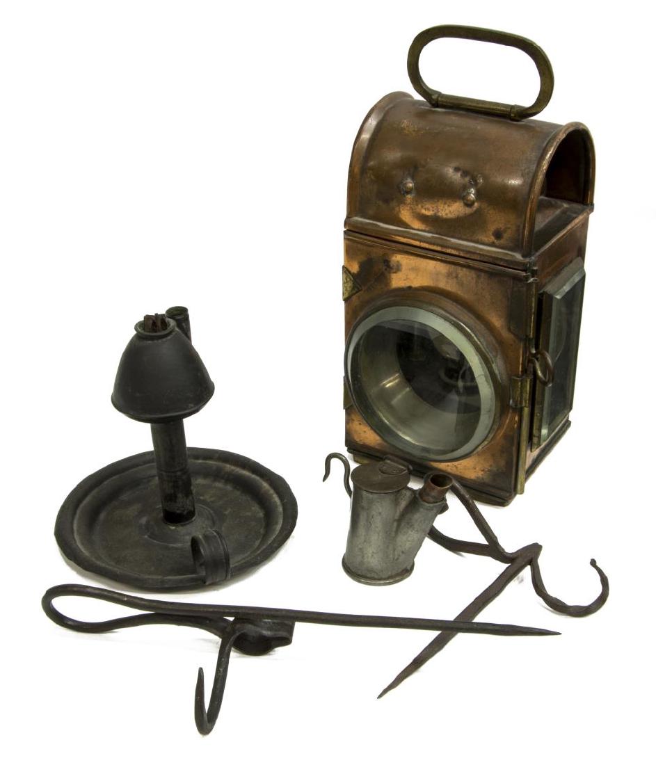 (4) COPPER & BEVELED GLASS LANTERN & WICK LAMPS: (lot of 4) Lighting, including: (1) copper lantern, England, c. 1900, marked Pfeil & Co. Tool Manufacturers, stamped M.F.B. (Metropolitan Fire Brigade?) and S.B. in circle, beveled glass windows at fr