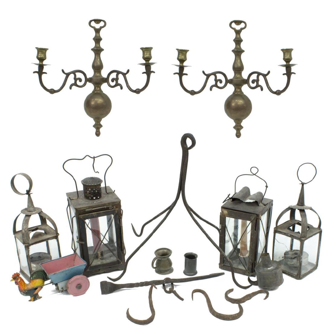 (13) GROUP OF ANTIQUE LIGHTING IMPLEMENTS, LANTERN: (lot of 13) Group of antique light fixtures, 19th c., including: (2) gilt brass wall sconces, each issuing two arms, ending in bobeches and candle wells; (2) tin and glass whale oil lanterns, one with