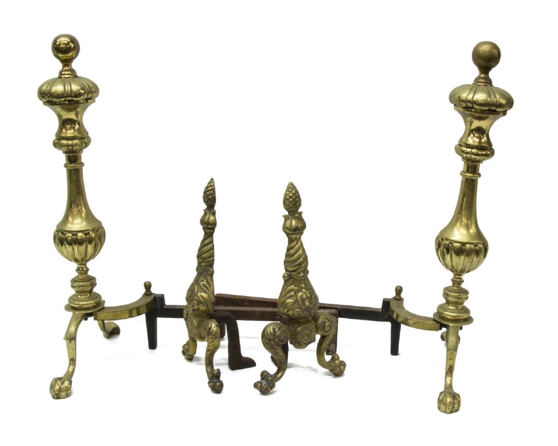 (4) GILT BRONZE & BRASS ANDIRONS: (lot of 4) Andirons, including: (pair) gilt bronze, having foliate relief throughout, topped with pinecone finial, rising on cabriole legs, stylized paw feet, hinged support leg to back, approx 13"h, 