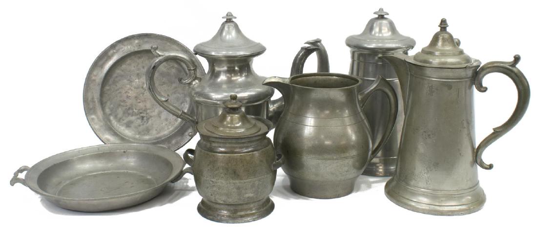 (7) COLLECTION ANTIQUE/ VINTAGE PEWTER TABLE ITEMS: (lot of 7) Pewter tableware group, including: (1) pewter plate, dated 1791, stamped ICS on edge, 1"h, 8"diam; (3) varied kettles, largest: 10.5"h, 5.75"diam, (1) Pairpoint pewter pitcher, 6.75"h, (1)