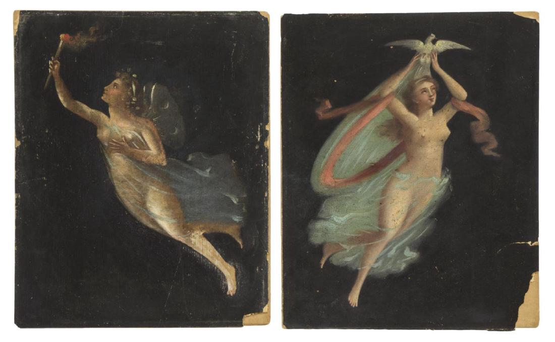 (2) UNFRAMED PAINTINGS ON PAPER, PEACE & CHARITY: (lot of 2) Unframed female muse paintings on paper, in the style of Michelangelo Maestri (Italy, 18th c.), possibly depicting Peace and Charity, black ground, both female figures in diaphanous gowns,