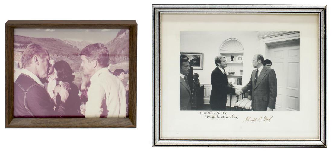 (2) PRESIDENT GERALD R. FORD PHOTOGRAPHS: (lot of 2) Photographs of Gerald Ford, 38th President of the United States: (1) A White House photo of President Ford and Miller Hicks; (1) a candid photograph of Ford and Miller Hicks dated on the ve