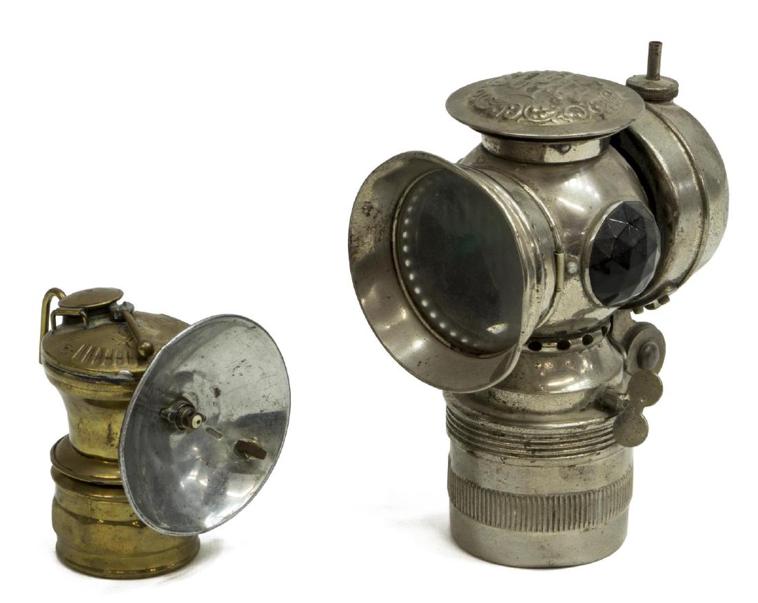 (2) EARLY BICYCLE & MINER PROJECTOR-STYLE LANTERNS: (lot of 2) Lanterns/ lights, including: (1) 'Solar' bicycle lantern, Kenosha, Wisconsin, c. 1890, manufactured by The Badger Brass Mf. Co., two jeweled reflectors (one green, one black), patent marks