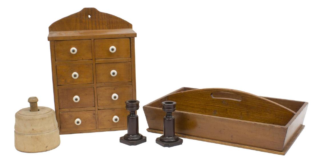 (5) AMERICAN PRIMITIVE WOOD ITEMS, SPICE BOX: (lot of 5) Group of American primitive wood items, including: (1) wall-hanging spice cabinet, with eight small drawers; (1) silverware tray; (2) turned wood candle sticks, stamped 318 on underside; (1