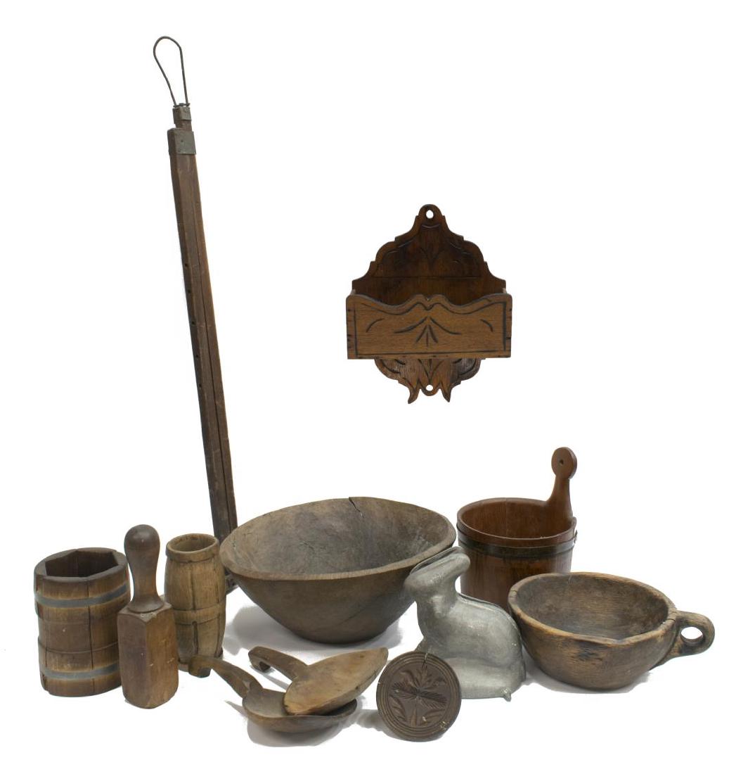 (12) AMERICAN PRIMITIVE TREENWARE, CHOCOLATE MOLD: (lot of 12) American Primitive treenware, 19th/20th c., including: (1) pot metal rabbit cake/chocolate mold, stamped "12 AACC R101" to edge of base, 7.25"h, 6.5"w, 4"d; (1) carved wood wall box, 13.25