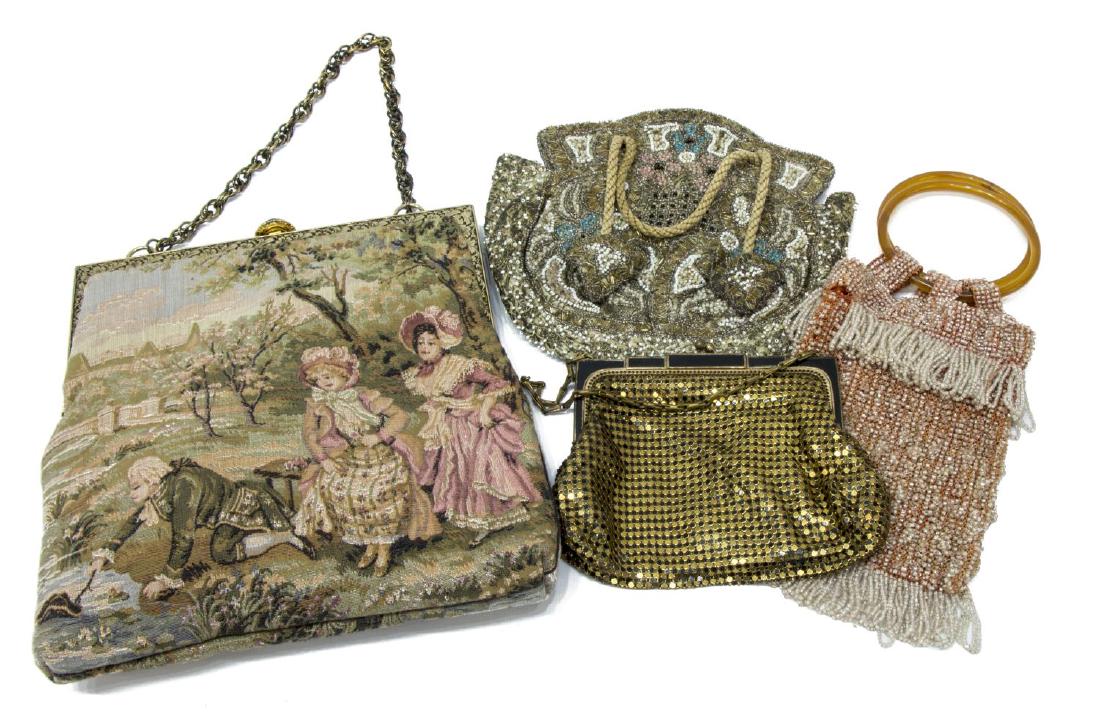 (4) VINTAGE BEADED, PETIT POINT, & MESH HANDBAGS: (lot of 4) Antique to vintage ladies purses/ evening bags, including: (1) Delill petit point bag with gilt metal frame, (1) Whiting Davis gold mesh bag with enameled accent, (1) antique drawstring bag