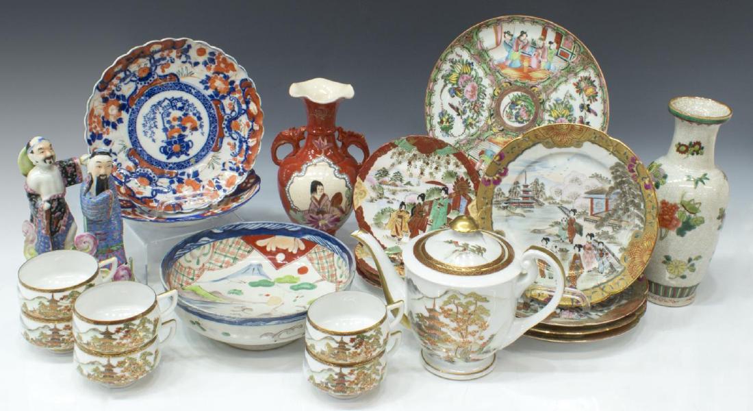 (LOT) CHINESE & JAPANESE PORCELAIN, ROSE MEDALLION: (lot) Asian porcelain table and cabinet items, highlights include: (7 piece) Japanese parcel gilt porcelain tea set, consisting of one teapot and six handled cups, all with enamel decoration of pagoda