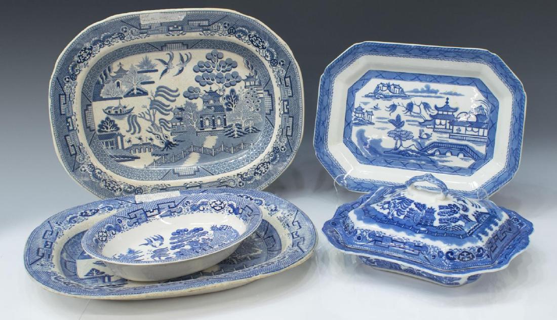 (5) BLUE WILLOW & REAL OLD CANTON SERVICEWARE: (lot of 5) Blue and white service and tableware, 19th c. / 20thc., including: a group of Blue Willow with (2) trays of graduated size, one marked Stone China, the other with extensive crazing, (1) Alb