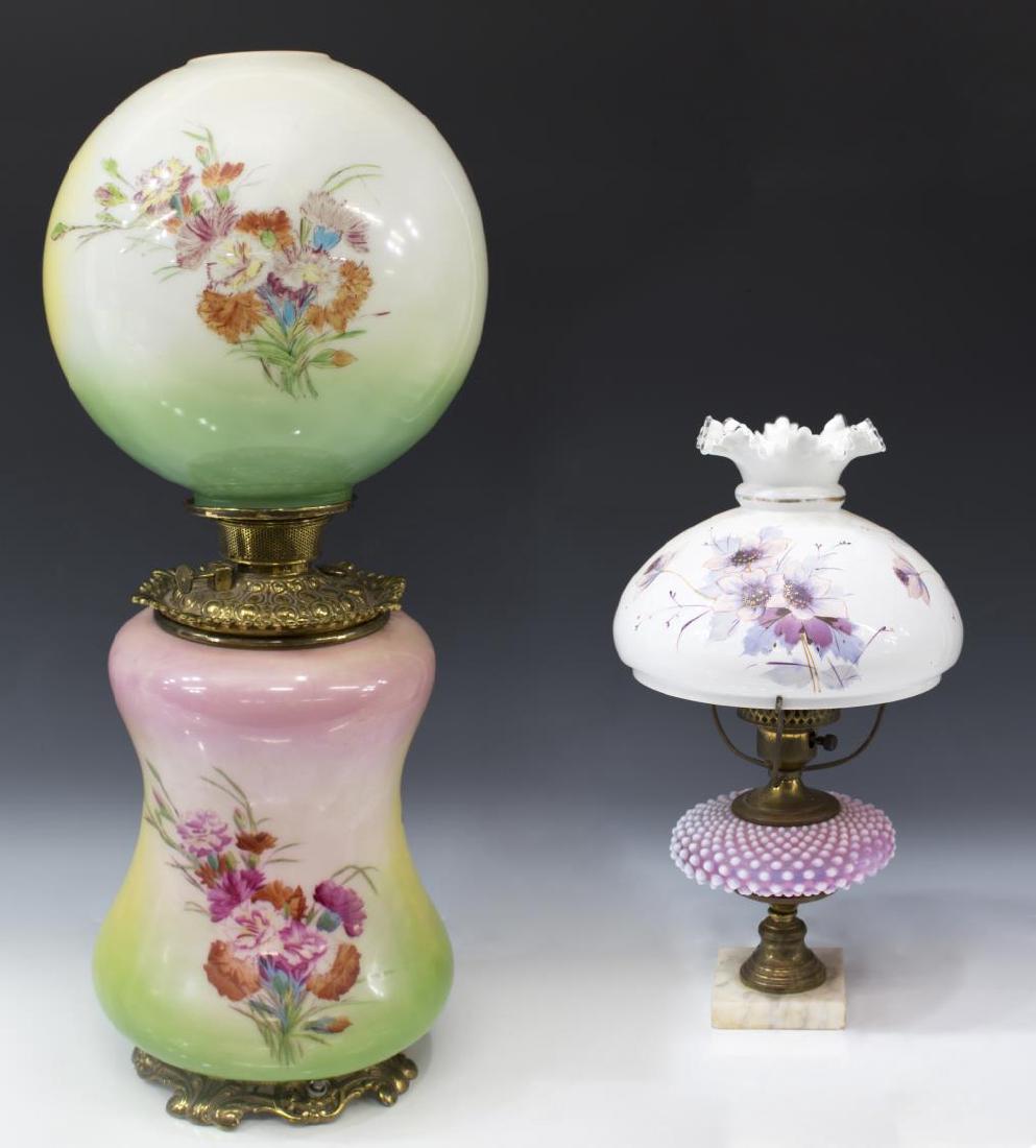 (2) GONE WITH THE WIND STYLE & HOBNAIL TABLE LAMPS: (lot of 2) Vintage table lamps, both electrified, including: (1) Gone with the Wind style parlor lamp, having floral decorated globe and body, gilt metal mountings, lacking hurricane, approx 26"h; (1)