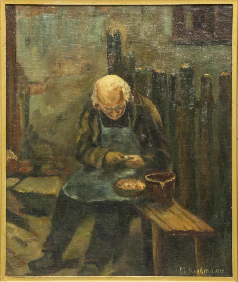 FRAMED OIL ON CANVAS PAINTING, SIGNED KOCHMAN: Framed oil on canvas painting, Man Shelling Oysters, signed lower right M. Kochman, in foliate carved giltwood frame, old repairs to canvas, as pictured, slight loss to gilt, sight: approx 20.5"h, 17.