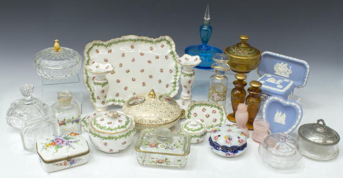 (26) LARGE GROUP OF VANITY AND DRESSER SET ITEMS: (26) Large group of vanity, dresser, and cabinet items, highlights include: (6 pcs) Limoges porcelain dresser set, with painted roses, old glue repair to one candlestick; (3 pcs) Wedgewood blue Jasper