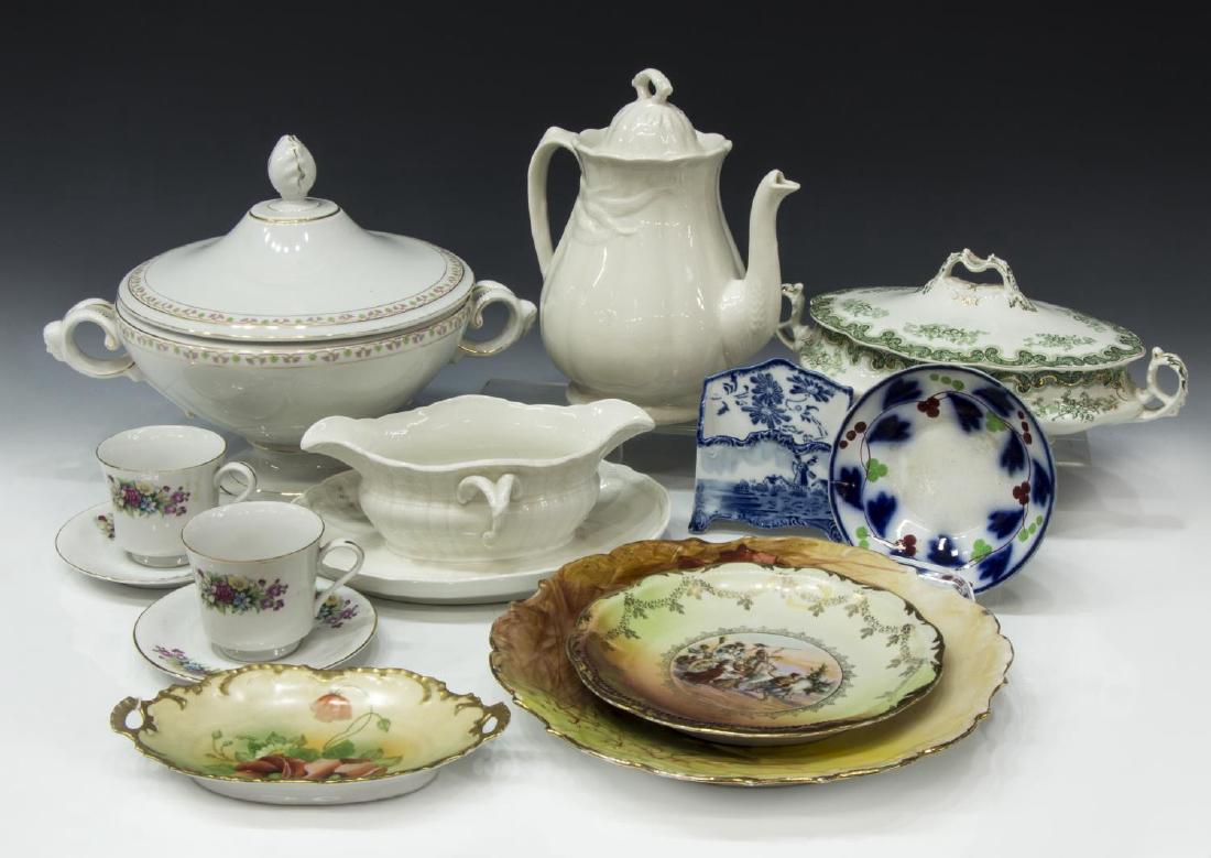 HUGE GROUP ASSORTED PORCELAIN & IRONSTONE: (lot) Porcelain and ironstone tableware grouping: (1) KPM white porcelain gravy boat, double spout and conjoined underplate with raised floral swag, (1) lidded tureen, figural handles, transfer border