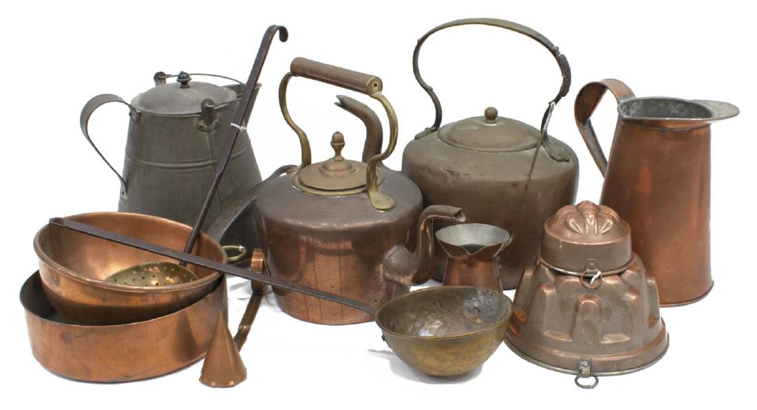 GROUP ANTIQUE TO VINTAGE METAL & COPPERWARE: (lot) Collection of antique to vintage copper and brass comprising (1) heavy pan with iron handle, initialed E.W. (2) kettle, molds, pierced and brass bowl scoops, tin coffee pot with copper base, cop