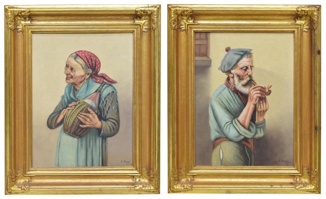 (2) E. ROSSI (ITALY) OIL ON BOARD PEASANT PAINTING: (lot of 2) Framed oil on board paintings, signed lower right E. Rossi (Italy, early 20th c.), centered in gilt frame, sight: 15.5"h, 11.5"w, overall: 21.5"h, 17.5"w, including: (1) Portrait of a Woman