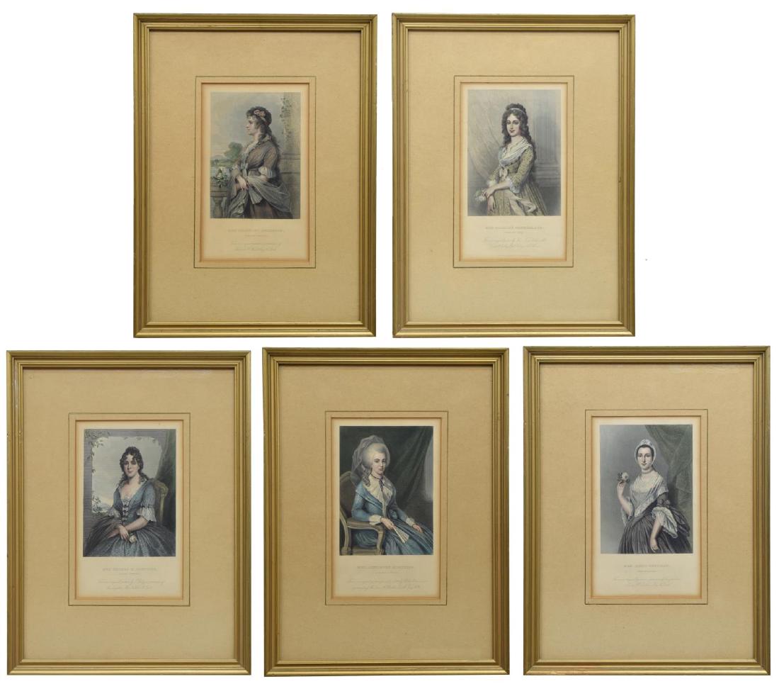 (5) FRAMED ENGRAVINGS FROM "THE REPUBLICAN COURT": (lot of 5) Framed colored engravings, c. 1867, from "The Republican Court, or, American Society in the Days of Washington" by Rufus Griswold (American, 1815-1857), centered in gilt frames, some toning