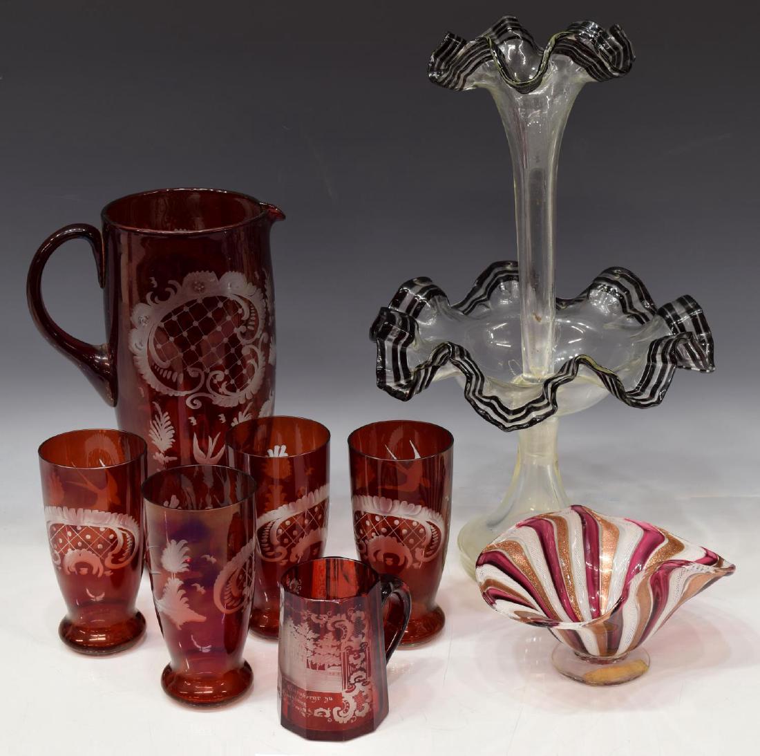 (8) ART GLASS GROUP: EPERGNE, CUT RUBY DRINKS SET: (lot of 8) Art glass group, including: (1) Victorian colorless ruffled glass epergne, single flute accented with dark amethyst trim, 16"h; (5pc) Bohemian etched to clear ruby drinks service with (one)