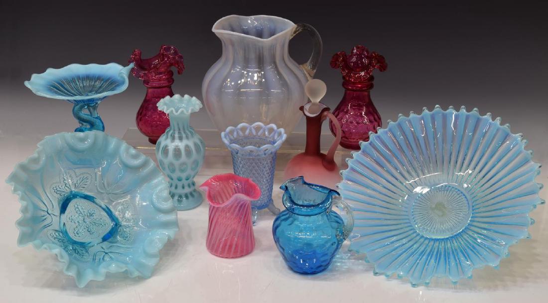 (11) OPALESCENT & ART GLASS GROUP, INCLUD. FENTON: (lot of 11) Collection of antique to vintage opalescent and art glass cabinet and tableware, various colors and patterns, including: (1) white opalescent pitcher with applied colorless handle, (pair) 